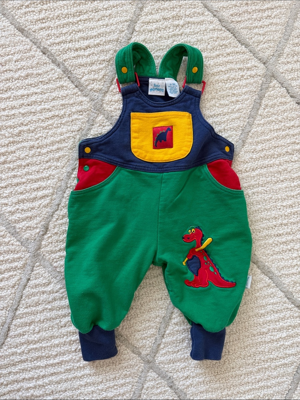 Vintage Baby Overalls with Green & Navy Dinosaur Applique